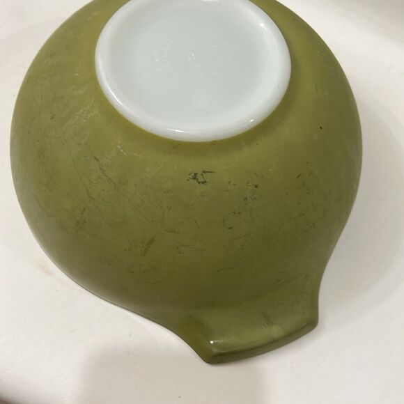 Pyrex Verde Advocada Green White Cinderella Mixing Bowl Set 3 Nesting Ovenware - Picture 15 of 17